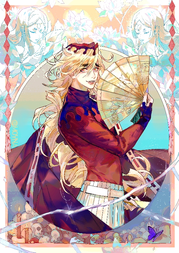 1boy 2girls blonde_hair demon_boy douma_(kimetsu_no_yaiba) flower grin hand_fan holding holding_fan japanese_clothes kimetsu_no_yaiba kimono long_hair looking_at_viewer lotus moyna multicolored_eyes multiple_girls pants pile_of_skulls red_kimono smile very_long_hair white_pants