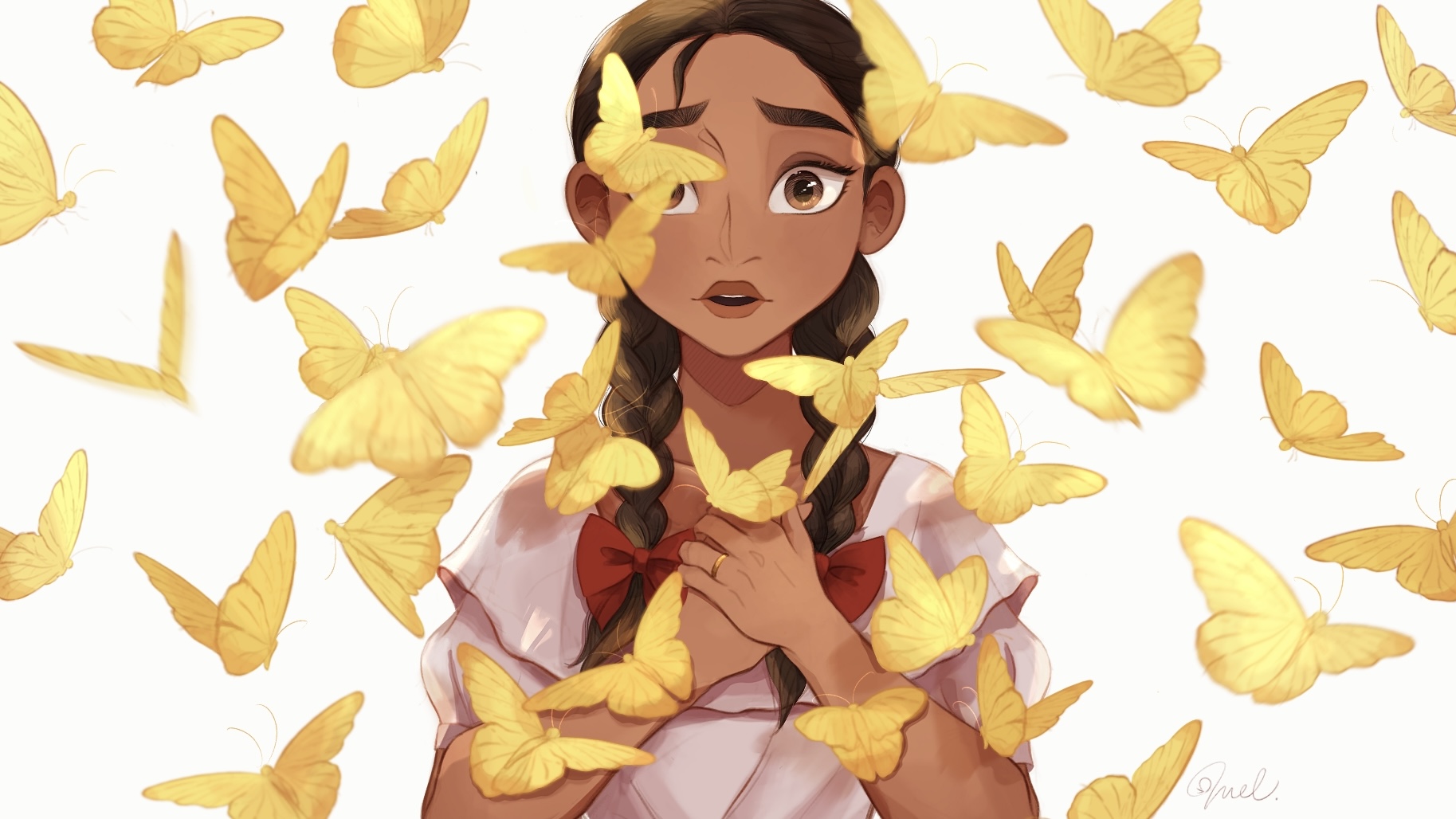 1girl aged_down alma_madrigal bow braid brown_eyes brown_hair bug butterfly dark-skinned_female dark_skin encanto hair_bow highres insect long_hair looking_at_viewer melchencanto red_bow shirt short_sleeves signature simple_background solo twin_braids upper_body white_background white_shirt yellow_butterfly