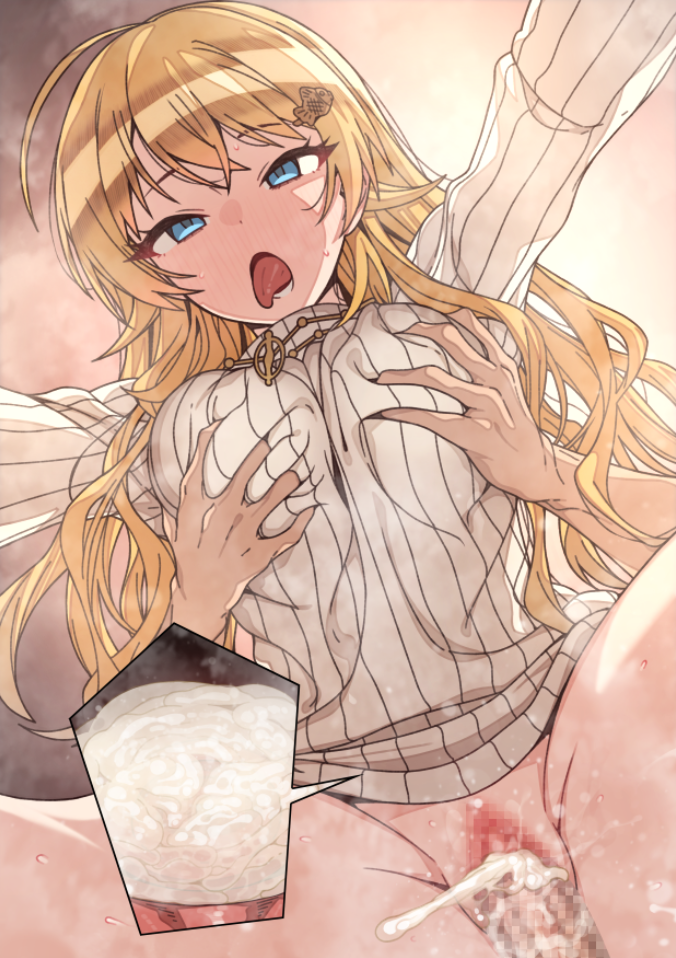1boy 1girl ahegao ahoge blonde_hair blue_eyes breasts clothed_sex cross-section cum cum_in_pussy erere grabbing_another&#039;s_breast grabbing_from_behind groping hachimiya_meguru hair_flaps hetero idolmaster idolmaster_shiny_colors jewelry large_breasts long_hair long_sleeves looking_ahead motion_lines necklace open_mouth penis pussy ribbed_sweater sex smile solo_focus sweater thighs tongue tongue_out turtleneck white_sweater