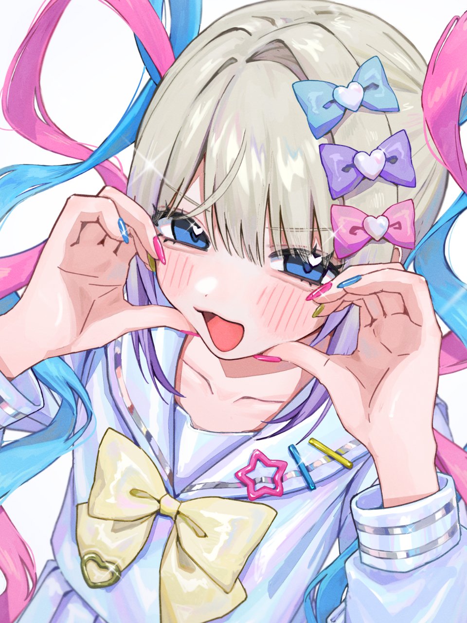 1girl :d blonde_hair blue_bow blue_eyes blue_hair blue_nails blue_serafuku blue_shirt blue_skirt blush bow bowtie chouzetsusaikawa_tenshi-chan hair_bow hamafugu highres long_hair multicolored_nails multiple_hair_bows nail_polish needy_girl_overdose open_mouth pink_bow pink_hair pink_nails purple_bow quad_tails school_uniform second-party_source serafuku shirt simple_background skirt smile solo very_long_hair white_background yellow_bow yellow_bowtie yellow_nails