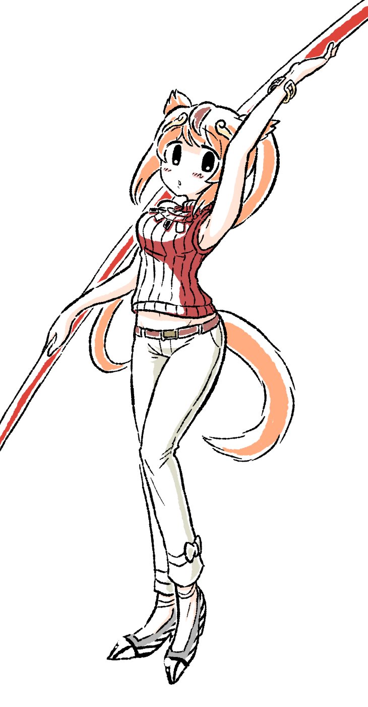 1girl arm_up belt blush bracelet breasts brown_belt brown_hair female_focus full_body golden_snub-nosed_monkey_(kemono_friends) grey_pants highres jewelry kemono_friends kotobuki_(tiny_life) long_hair looking_at_viewer medium_breasts monkey_tail navel pants parted_lips red_sweater ribbed_sweater sidelocks sleeveless sleeveless_sweater solo sweater tail very_long_hair