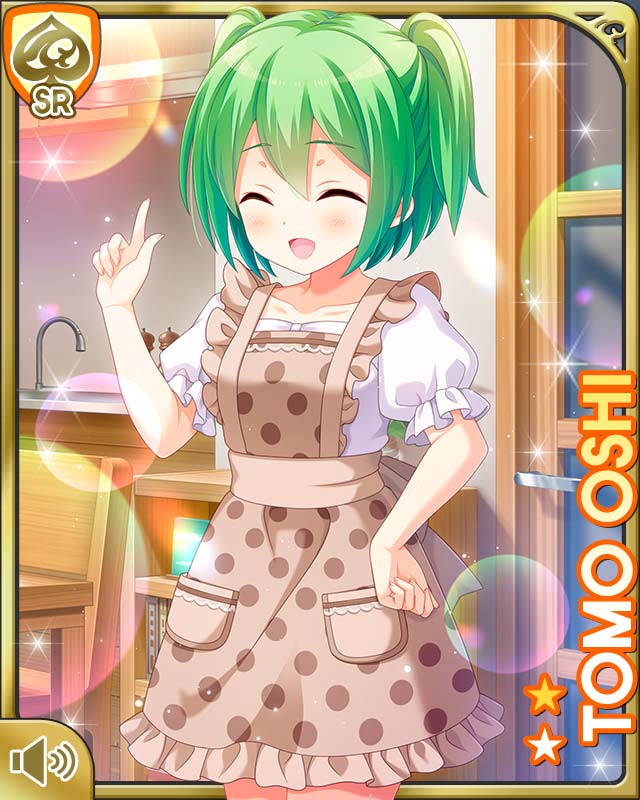 1girl :d apron blue_skirt bow brown_apron brown_bow brown_eyes card_(medium) character_name closed_eyes collarbone day girlfriend_(kari) green_hair hand_on_own_hip indoors looking_at_viewer official_art open_mouth oshi_tomo pointing pointing_up polka_dot polka_dot_apron qp:flapper shirt skirt smile solo sparkle standing white_shirt