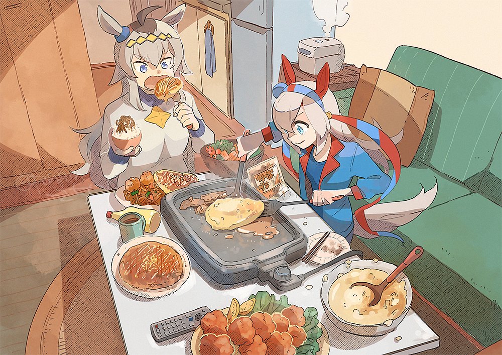 2girls ahoge animal_ears blue_eyes blue_jacket blue_shirt bottle bowl chicken_(food) closed_mouth commentary_request controller cooking couch cup eating food fork fried_chicken greyscale griddle hairband holding holding_bowl holding_fork holding_spatula horse_ears horse_girl horse_tail indoors jacket karaage ladle long_hair long_sleeves monochrome motoyama_torazirou multicolored_hair multiple_girls oguri_cap_(umamusume) okonomiyaki open_mouth pillow remote_control rice_cooker rug shirt sitting slice_of_life smile spatula steam sweater tail tamamo_cross_(umamusume) two-tone_hair umamusume watermark