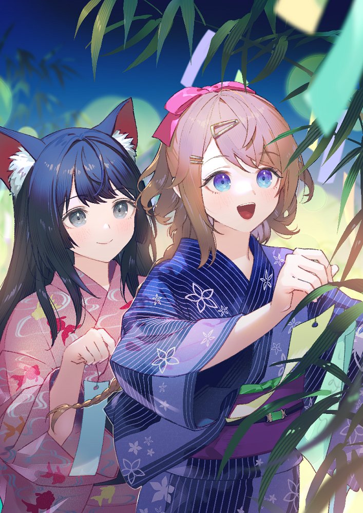 2girls :d animal_ear_fluff animal_ears atelier_(series) atelier_resleriana bamboo black_hair blue_eyes blue_kimono braid cat_ears cat_girl commentary_request cowboy_shot floral_print hair_ornament hand_up holding holding_tanzaku izana_kokoschka japanese_clothes kimono long_hair long_sleeves multiple_girls night night_sky obi official_alternate_costume official_art open_mouth outdoors pink_kimono print_kimono resna_sternenlicht sash second-party_source sky smile standing tanabata tanzaku umiu_geso wide_sleeves yukata
