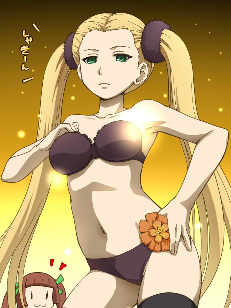 10s 2girls :3 aoki_hagane_no_arpeggio awa black_bra black_legwear black_panties blonde_hair bra brown_hair frilled_bra frills green_eyes hand_on_own_hip haruna_(aoki_hagane_no_arpeggio) long_hair looking_at_viewer multiple_girls navel osakabe_makie panties personification scrunchie standing strapless strapless_bra thighhighs twintails underwear underwear_only