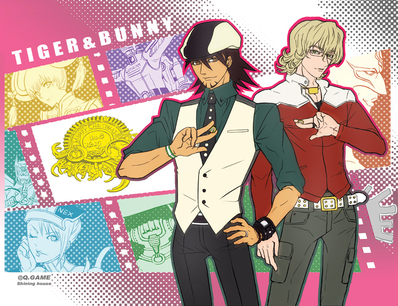 10s 2boys antonio_lopez barnaby_brooks_jr. blonde_hair blue_rose_(tiger_&amp;_bunny) brown_eyes brown_hair cabbie_hat dragon_kid facial_hair glasses green_eyes hat huang_baoling ivan_karelin jacket kaburagi_t._kotetsu karina_lyle keith_goodman lapel_pin male_focus multiple_boys necktie pin qgame red_jacket rock_bison sky_high_(tiger_&amp;_bunny) stubble superhero_costume tiger_&amp;_bunny vest waistcoat