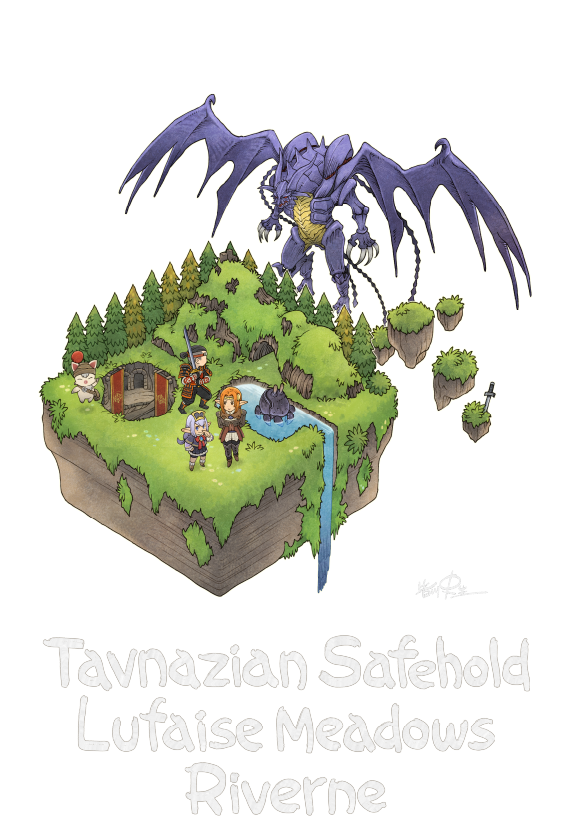 1boy 2girls artist_name bahamut_(final_fantasy) black_hair commentary crab dragon elf elvaan final_fantasy final_fantasy_xi finger_to_own_nose grass holding holding_sword holding_weapon hume in-universe_location katana location_name long_hair low-tied_long_hair minagawa_fumio moogle multiple_girls official_art orange_hair planted planted_sword planted_weapon pointy_ears prishe purple_hair short_hair standing sword tenzen_(ff11) transparent_background tree ulmia water weapon