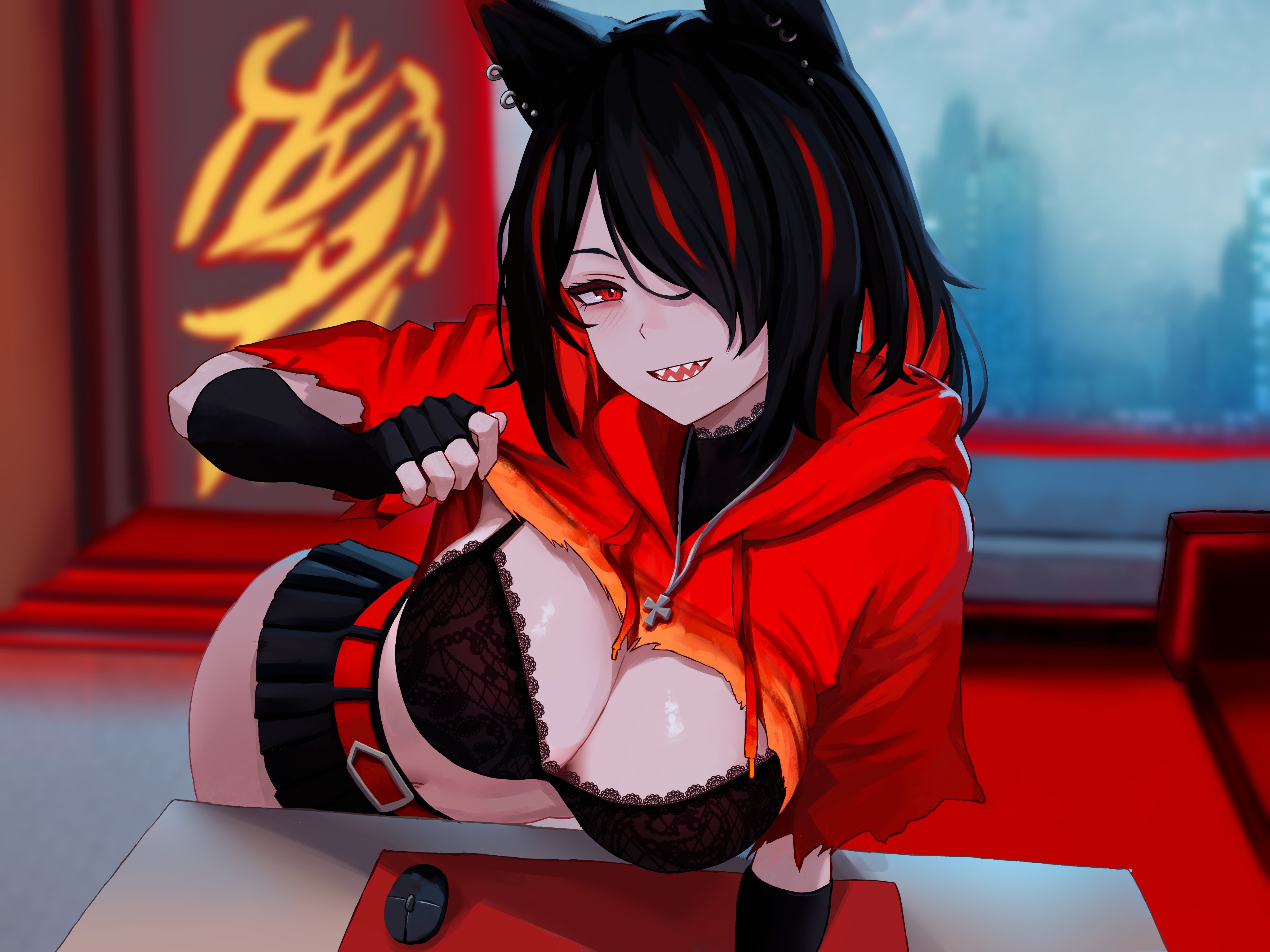 1girl absurdres animal_ear_piercing animal_ears belt black_bra black_hair black_skirt bra breasts computer_mouse cross cross_necklace fingerless_gloves gloves hair_over_one_eye highres hood hood_down indie_virtual_youtuber jewelry katrena_ishkode lace lace-trimmed_bra lace_trim large_breasts leaning_forward lifting_own_clothes looking_at_viewer medium_hair microskirt mousepad_(object) multicolored_hair necklace one_eye_covered red_belt red_eyes red_hair sharp_teeth skirt smile solo streaked_hair table teeth two-tone_hair underwear virtual_youtuber yan_kodiac