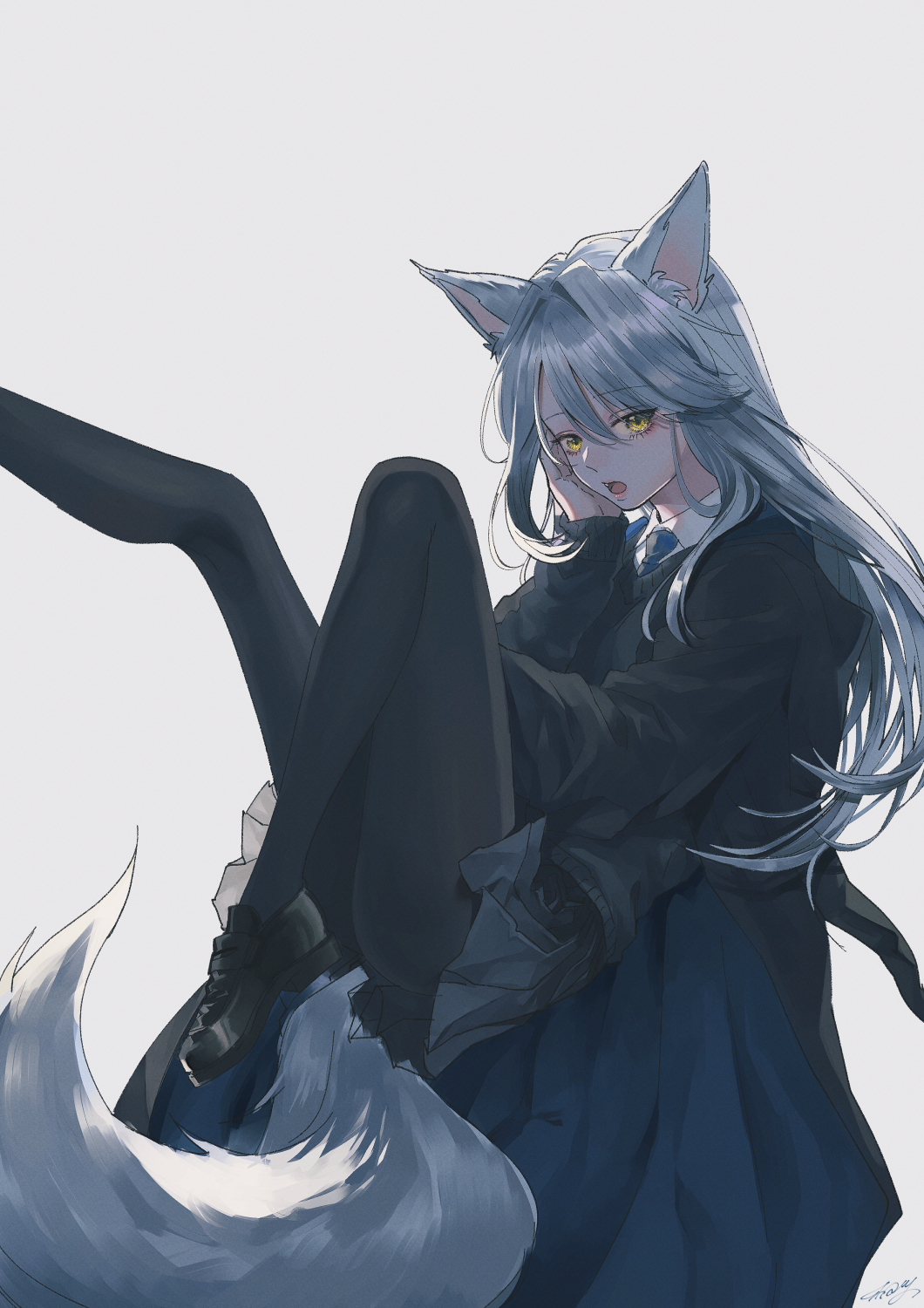 1girl animal_ear_fluff animal_ears black_jacket black_pantyhose black_skirt black_sweater blue_necktie collared_shirt commission foot_out_of_frame grey_hair hair_between_eyes hand_on_own_face highres jacket kurosujuu long_hair necktie open_mouth original pantyhose pleated_skirt shirt skeb_commission skirt solo sweater tail white_shirt wolf_ears wolf_girl wolf_tail yellow_eyes