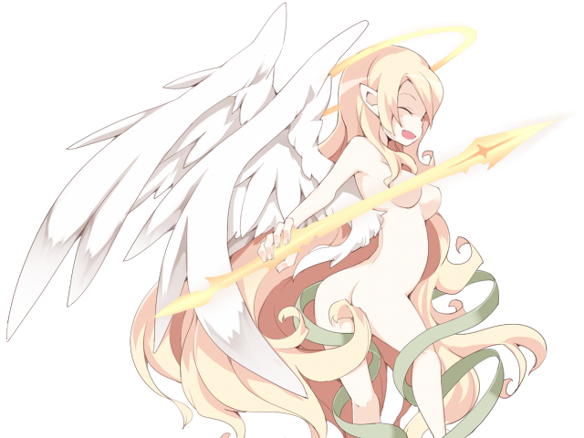 1girl angel angel_wings ass blonde_hair blue_eyes breasts closed_eyes feathered_wings frfr game_cg green_ribbon hair_between_eyes halo holding holding_weapon large_breasts long_hair micaela_(mon-musu_quest!) mon-musu_quest! mon-musu_quest:_paradox naked_ribbon navel nude open_mouth pointy_ears ribbon smile variant_set very_long_hair weapon white_wings wings yellow_halo