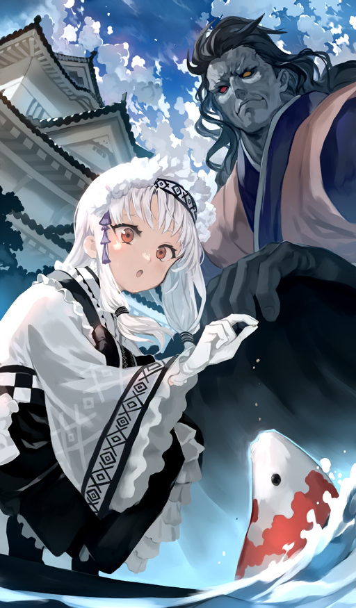 1boy 1girl :o ainu_clothes animal architecture black_hair black_hakama blue_sky bob_(biyonbiyon) check_clothing closed_mouth clothing_request cloud colored_skin commentary_request day east_asian_architecture fate/grand_order fate_(series) fish frilled_hairband frilled_sleeves frills from_below fuun_karakuri_illya-jou gloves grey_skin hairband hakama hakama_pants haori heracles_(fate) japanese_clothes kimono koi long_hair long_sleeves low-tied_sidelocks no_eyebrows official_alternate_costume official_art open_mouth orange_haori outdoors pants purple_kimono red_eyes sidelocks sitonai_(fate) size_difference sky solid_eyes splashing squatting sunlight third-party_source water white_gloves white_hair white_hairband white_kimono wide_sleeves yellow_eyes