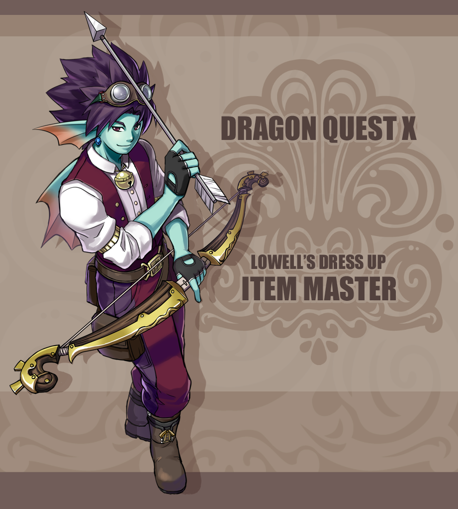 1boy aqua_skin arrow_(projectile) back_fin bell belt black_gloves blue_gemstone boots bow_(weapon) brown_background brown_bag brown_belt brown_boots colored_skin commentary_request copyright_name dragon_quest dragon_quest_x earrings english_text fingerless_gloves fins fish_boy flei_rainbow full_body gem gloves goggles goggles_on_head head_fins holding holding_arrow holding_bow_(weapon) holding_weapon jewelry looking_to_the_side male_focus monster_boy neck_bell pants purple_hair purple_pants red_eyes red_pants red_vest shirt short_hair sleeves_rolled_up smile solo spiked_hair two-tone_pants vest weapon weddie_(dq10) white_shirt