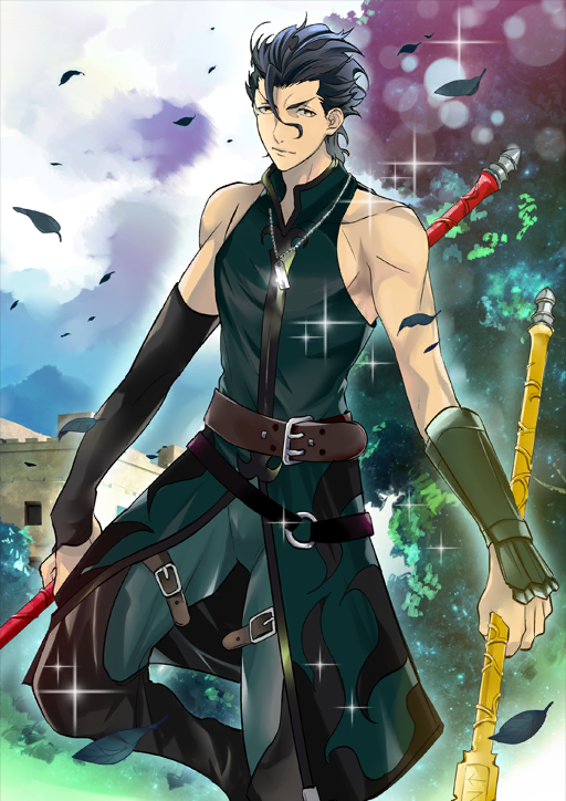 1boy azuazuazu19 bare_shoulders belt belt_buckle black_boots black_gloves black_hair boots brown_belt buckle castle closed_mouth cowlick diarmuid_ua_duibhne_(fate) diarmuid_ua_duibhne_(lancer)_(fate) dog_tags dual_wielding elbow_gloves fate/grand_order fate_(series) feet_out_of_frame gae_buidhe_(fate) gae_dearg_(fate) gloves green_pants green_tunic hair_between_eyes high_collar holding holding_polearm holding_weapon jewelry knee_up leaf looking_to_the_side male_focus medium_hair mole mole_under_eye navel o-ring official_art outdoors pants pectorals pendant polearm short_sleeves sidepec single_bracer single_glove sleeveless sleeveless_tunic solo sparkle third-party_source toned toned_male tree tunic variant_set weapon yellow_eyes