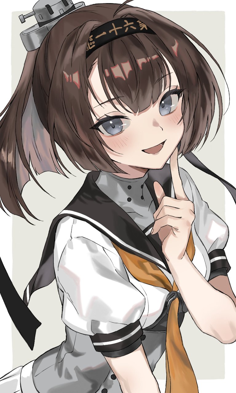1girl akizuki_(kancolle) black_hair black_headband black_sailor_collar clothes_writing commentary_request commission corset grey_background grey_eyes headband headgear highres index_finger_raised kantai_collection long_hair looking_at_viewer neckerchief orange_neckerchief ponytail sailor_collar sakana_u_u school_uniform serafuku short_sleeves skeb_commission skirt solo white_skirt