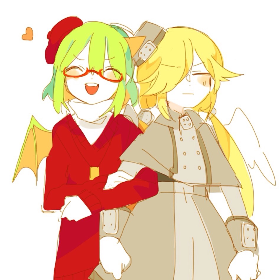 2girls angel blonde_hair blush closed_eyes closed_mouth demon_girl froze_(funamusea) funamusea glasses grey_hair haiiro_teien hat long_hair multiple_girls red_sweater short_hair suaviterra sweater twintails yosafire_(funamusea)