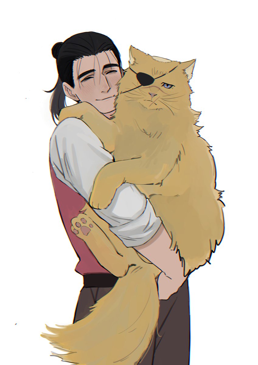 2boys animal animalization badeni black_hair black_pants cat chi.:_chikyuu_no_undou_ni_tsuite closed_eyes eyepatch grey_eyes hair_bun holding holding_animal holding_cat male_focus medium_hair multiple_boys oczy pants red_vest scar scar_on_face scar_on_mouth scar_on_nose shirt sleeves_rolled_up smile tonsure upper_body vest white_background white_shirt yellow_fur yuyuyuyriri