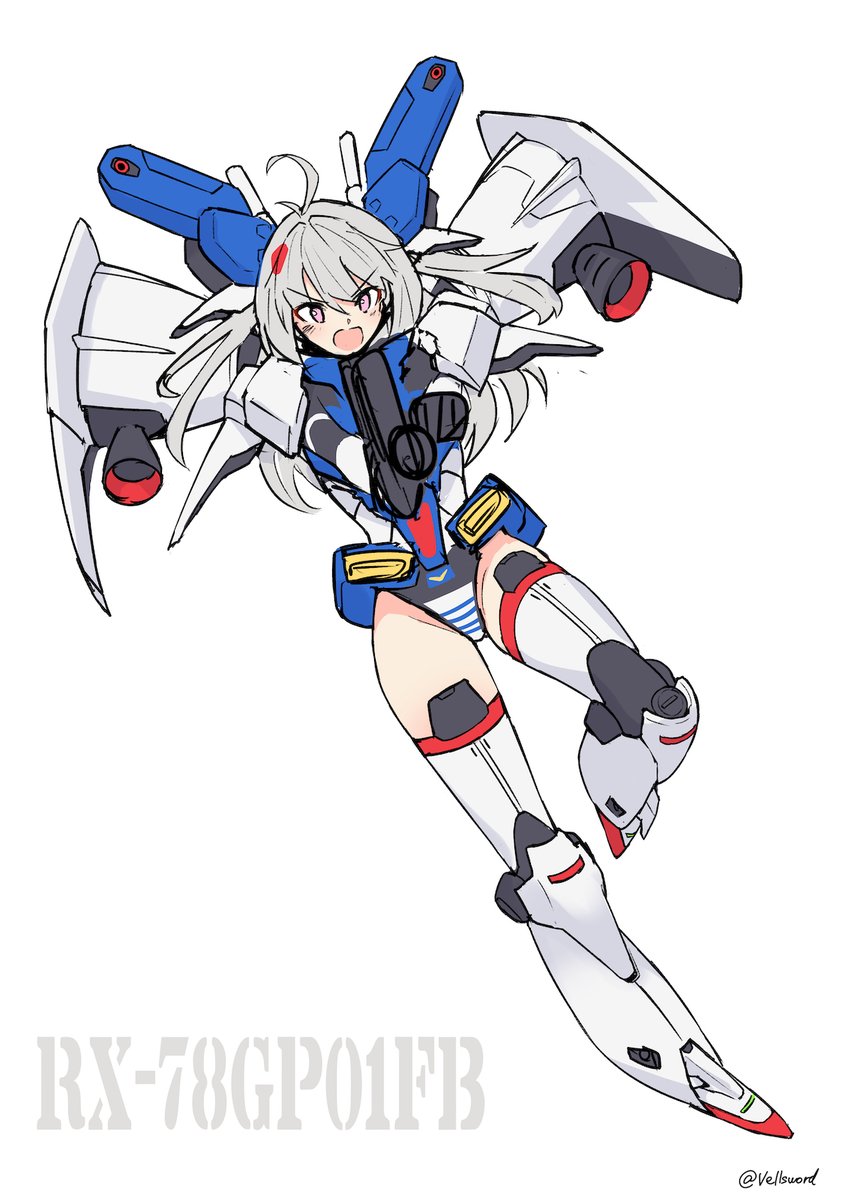 1girl ahoge beam_rifle black_gloves boots character_name energy_gun floating floating_hair gloves grey_hair gun gundam gundam_0083 gundam_gp-01_full_vernian_zephyranthes highres holding holding_gun holding_weapon i.takashi mecha_musume open_mouth personification purple_eyes sketch solo thigh_boots thighhighs v-shaped_eyebrows weapon white_background