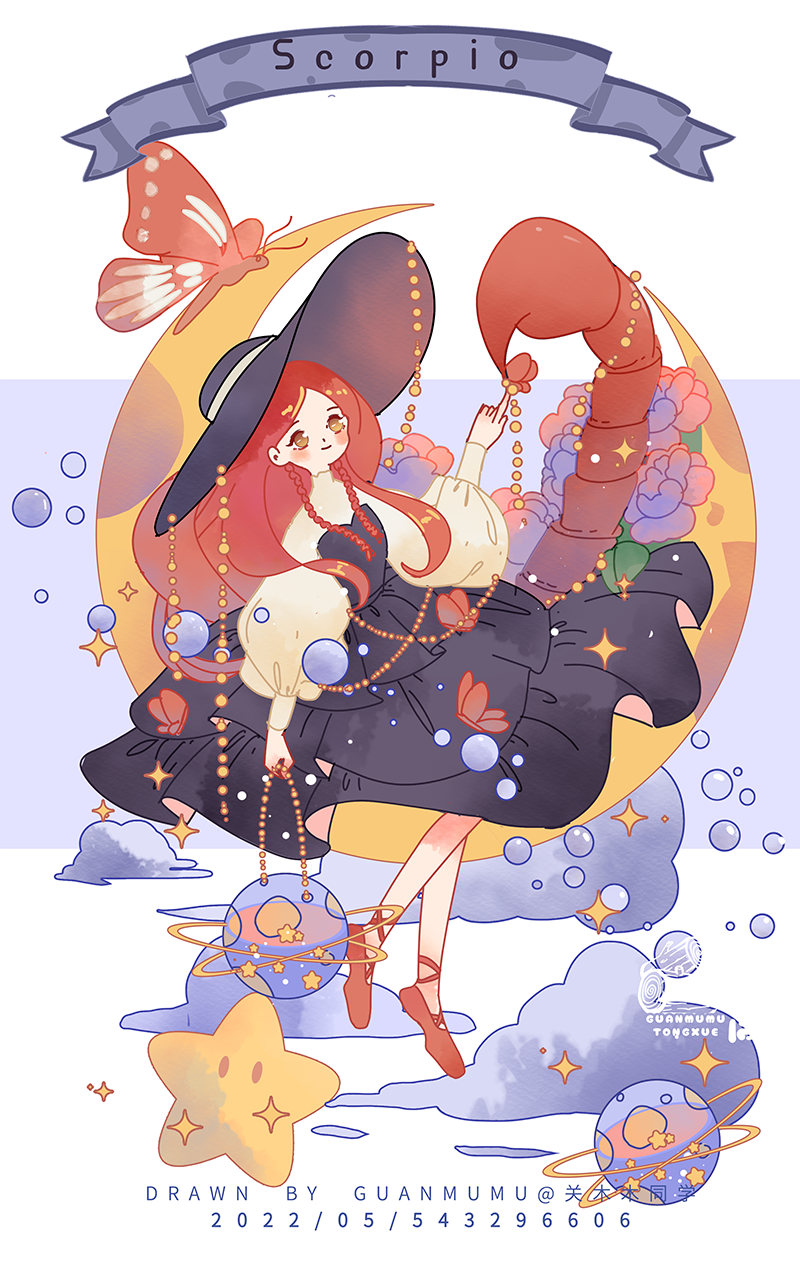 1girl artist_name bag banner beads black_dress black_hat blue_background blue_bag blush_stickers breasts brown_eyes bubble bug butterfly butterfly_on_hand closed_mouth cloud crescent_moon dated dress english_text eyelashes flower flower_request frilled_dress frills full_body guanmumu handbag hat highres holding holding_bag insect leaf leg_ribbon long_hair long_sleeves mary_janes medium_breasts moon orange_hair original pink_flower planet planetary_ring puffy_long_sleeves puffy_sleeves red_butterfly red_ribbon red_shoes ribbon scorpio_(zodiac) scorpion_tail shirt shoes sidelocks sleeveless sleeveless_dress smile solo sparkle star_(symbol) sun_hat tail turtleneck two-tone_background white_background white_shirt wide_brim zodiac