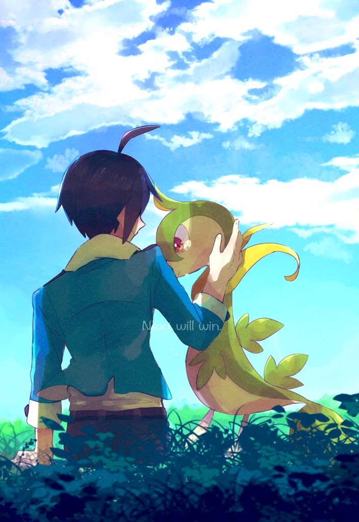 1boy ahoge belt black_hair blue_jacket cheren_(pokemon) closed_mouth cloud commentary_request day from_behind gen_5_pokemon hand_up jacket male_focus misha_(ohds101) nintendo outdoors pants pokemon pokemon_(creature) pokemon_bw red_eyes servine short_hair sky tearing_up