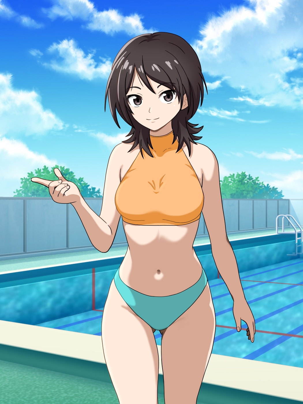 amagami aqua_bikini bikini black_hair blue_sky breasts cloud cloudy_sky commentary_request cowboy_shot day highres lane_line looking_at_viewer medium_breasts medium_hair navel orange_bikini outdoors pool pool_ladder sky smile standing stomach swimsuit takahashi_maya turtleneck_bikini_top viaigi