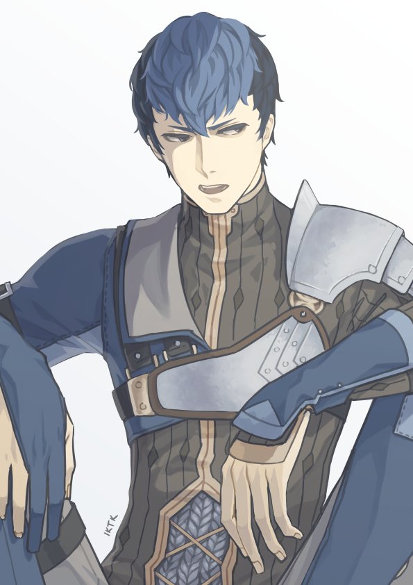 1boy armor blue_eyes blue_hair elbow_gloves fire_emblem fire_emblem_echoes:_shadows_of_valentia fire_emblem_gaiden gloves iktk looking_at_viewer male_focus multicolored_hair nintendo pauldrons python_(fire_emblem) shoulder_armor simple_background sitting solo two-tone_hair white_background