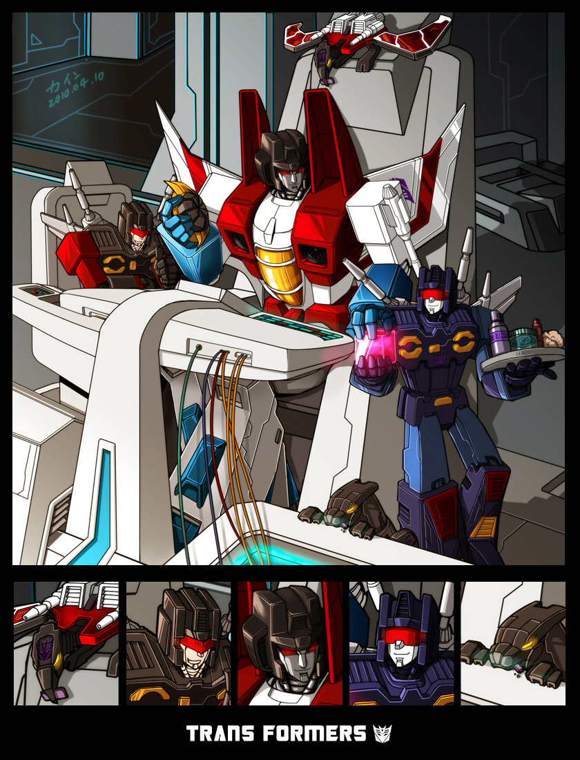 1980s_(style) cain_(artist) cain_(the_sky_upside_down) chair decepticon frenzy_(transformers) laserbeak mecha no_humans oekaki oldschool ravage_(transformers) retro_artstyle robot rumble_(transformers) science_fiction servant sitting spacecraft starscream transformers transformers:_generation_1