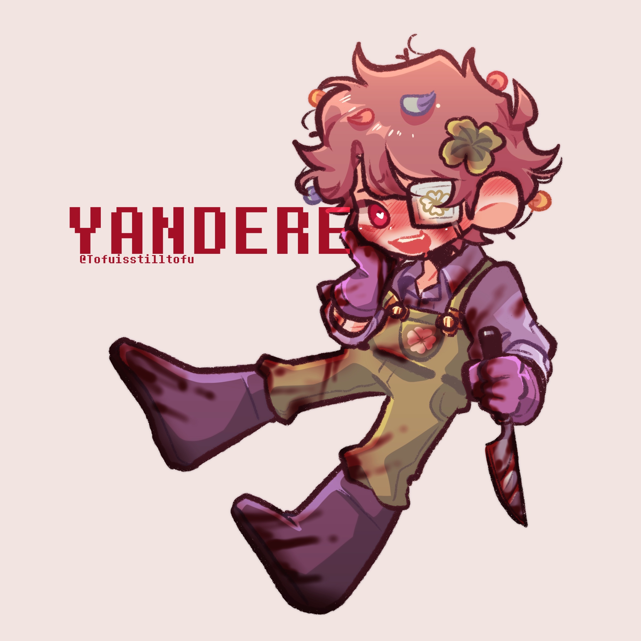 1boy ahoge bandaid bandaid_on_arm blood blood_on_clothes blood_on_face blood_on_gloves bloody_knife bloody_weapon blush boots branch brown_hair cat_smile clover clover_(tofuisstilltofu) clover_hair_ornament clover_print collared_shirt drooling ear_blush eyepatch fang fictional_persona petals flower_pot full_body furrowed_brow gloves green_overalls hair_ornament hand_on_own_cheek hand_on_own_face hands_up heart heart-shaped_pupils highres holding holding_knife in_air knife looking_at_viewer male_focus messy_hair midair mouth_drool one_eye_covered open_mouth original overalls petal_on_head petals plant purple_boots purple_gloves purple_shirt red_eyes shirt short_hair simple_background sleeves_rolled_up smile solo stick_in_hair symbol-shaped_pupils teeth tofuisstilltofu twitter_username upper_teeth_only weapon white_background white_eyepatch yandere