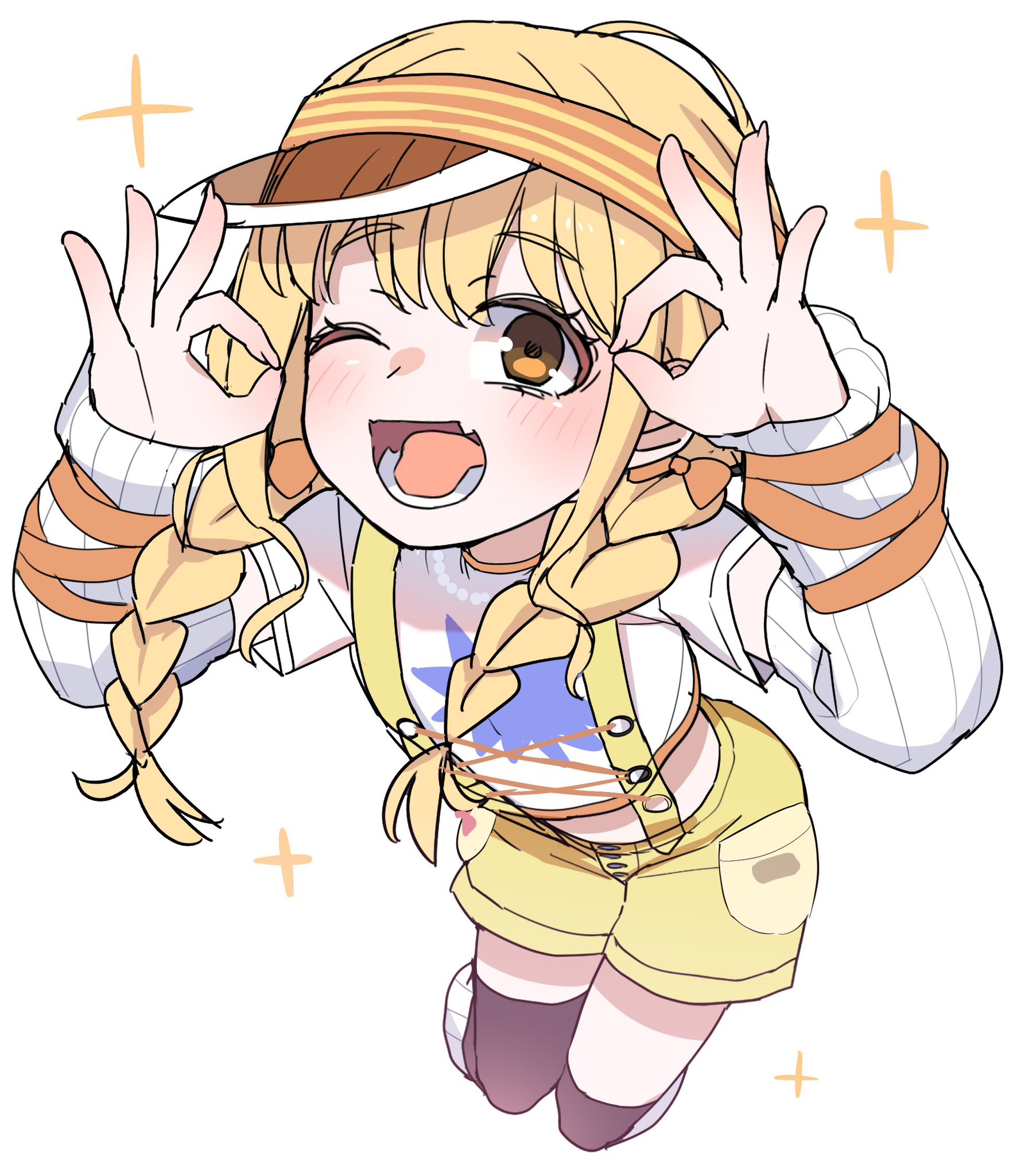 1girl akitokage arm_ribbon arm_warmers arms_up bead_necklace beads black_thighhighs blonde_hair braid cargo_shorts close-up commentary criss-cross_straps cropped_shirt double_ok_sign fang french_braided_twintails from_above fujita_kotone gakuen_idolmaster highres idolmaster jewelry jumping light_blush long_hair looking_at_viewer low_twin_braids lower_teeth_only midriff_peek necklace ok_sign one_eye_closed open_mouth orange_ribbon orange_visor print_shirt ribbed_leg_warmers ribbon ribbon_earrings shadow shirt short_sleeves shorts simple_background skin_fang smile solo sparkle suspender_shorts suspenders teeth thighhighs thighs twin_braids visor_cap wavy_sidelocks white_arm_warmers white_background white_shirt yellow_big_bang!_(idolmaster) yellow_eyes yellow_shorts