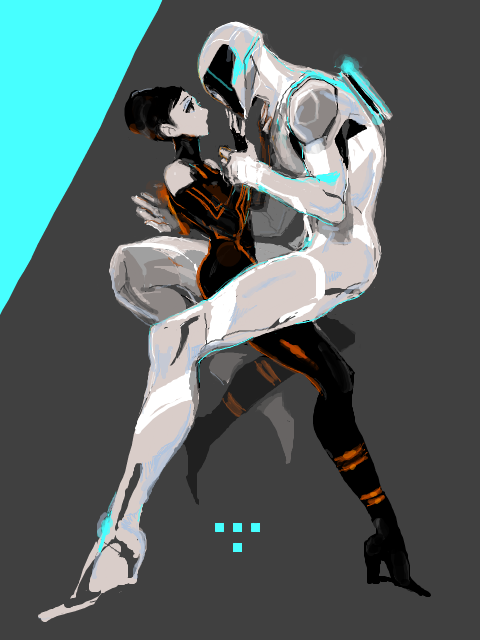 1girl beck_(tron:_uprising) black_hair eyelashes hair_bun high_heels holding_hands looking_down looking_up open_mouth paige_(tron:_uprising) shoes single_hair_bun size_difference t_(arisu-no-neko) tron tron:_legacy tron:_uprising visor