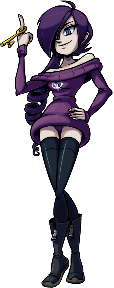 1girl ahoge alex_ahad_(style) april_fools bad_id bad_tumblr_id bare_shoulders black_thighhighs blue_eyes boots commentary crossed_legs dress drill_hair female_focus full_body hair_over_one_eye hand_on_own_hip key long_hair long_image middle_finger narrow_waist official_style original pale_skin panties pantyshot parody ponytail purple_hair purple_panties short_dress skullgirls smile solo standing style_parody sweater sweater_dress tall_image thighhighs transparent_background underwear zettai_ryouiki zone-tan zone_(artist)