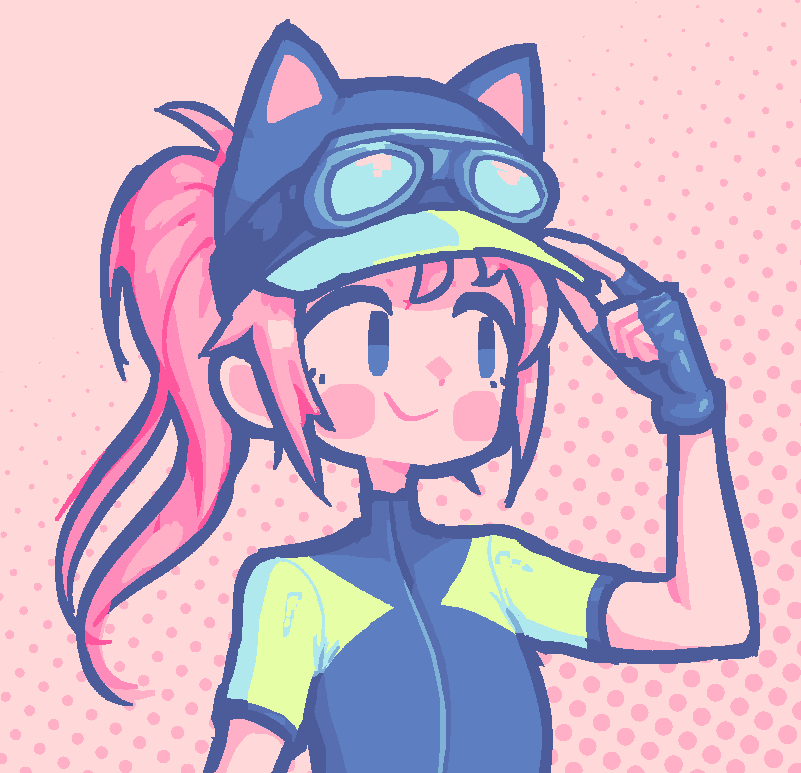 1girl adjusting_clothes adjusting_headwear biker_clothes bikesuit black_gloves blue_eyes blue_hat blue_shirt bodysuit closed_mouth commentary english_commentary fingerless_gloves gloves goggles goggles_on_headwear hat long_hair looking_to_the_side pink_background pink_hair polka_dot polka_dot_background ponytail purpienamako shirt short_sleeves sidelocks smile solo steam_(platform) steam_delivery_girl two-tone_shirt upper_body yellow_shirt