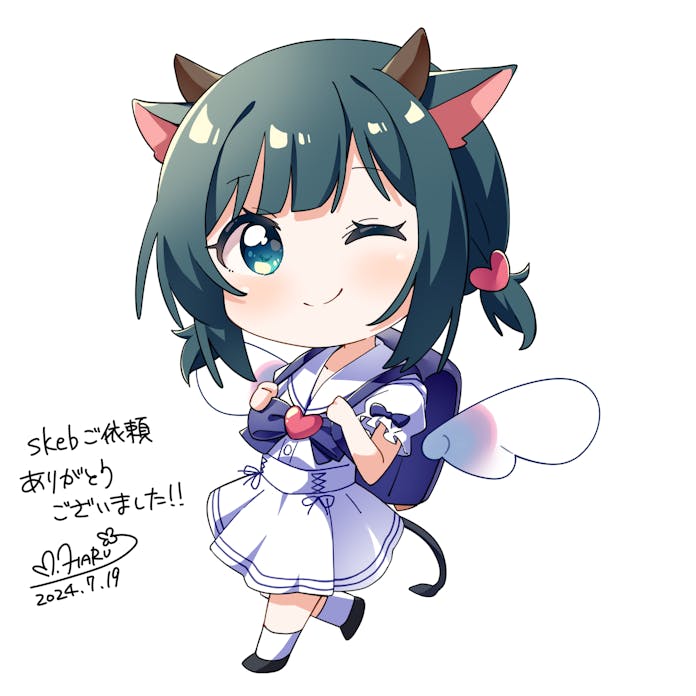 1girl ;) amano_nene_(vtuber) backpack bag black_shoes blue_bag blue_bow blue_bowtie blunt_bangs blush bow bowtie chibi chibi_only closed_mouth commentary commission dated dress english_commentary foot_up full_body green_eyes green_hair haru_(konomi_150) indie_virtual_youtuber looking_at_viewer one_eye_closed puffy_short_sleeves puffy_sleeves sailor_collar sailor_dress shoes short_hair short_sleeves sidelocks signature simple_background skeb_commission smile socks solo standing standing_on_one_leg translation_request virtual_youtuber white_background white_dress white_sailor_collar white_socks wings