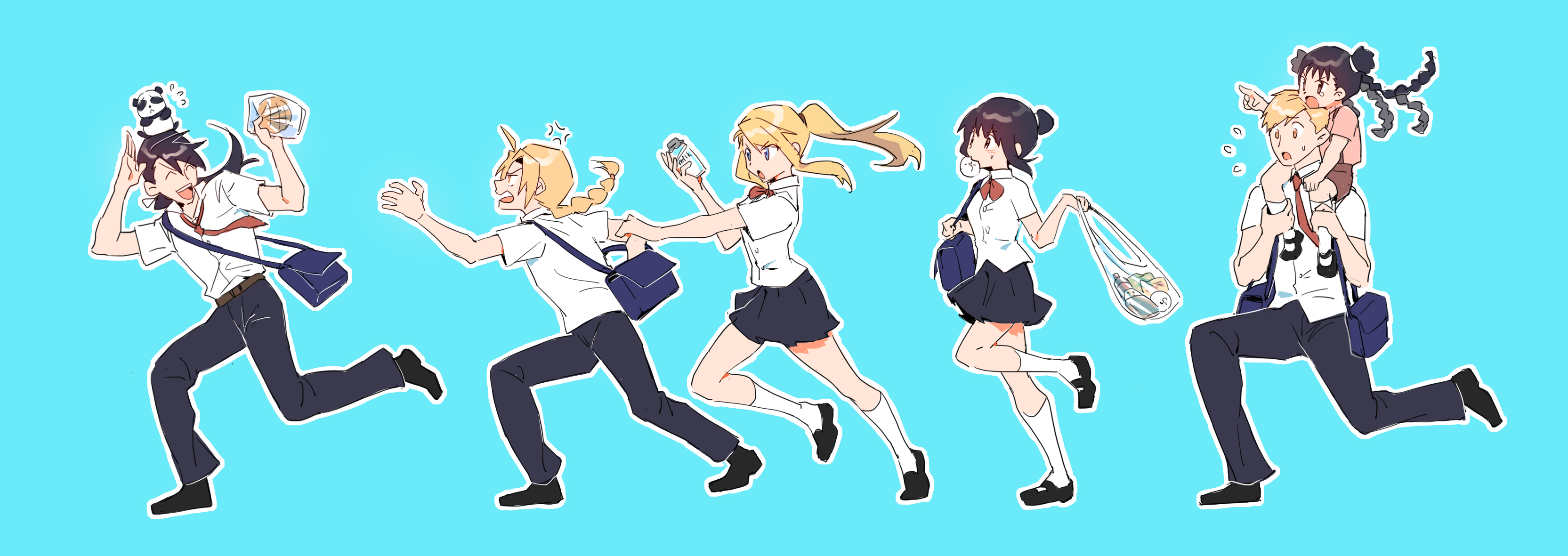 3boys 3girls absurdres alphonse_elric animal animal_on_head bag black_footwear black_hair black_pants black_skirt blue_background bottle bow braid braided_ponytail bread carrying chasing collared_shirt contemporary double_bun dress_shirt edward_elric flying_sweatdrops food from_side full_body fullmetal_alchemist hair_bun hands_up highres holding holding_bottle holding_food kneehighs lan_fan ling_yao lingzi_sang loafers long_hair looking_at_another looking_away low_ponytail may_chang melon_bread milk milk_bottle miniskirt multiple_boys multiple_braids multiple_girls necktie olivier_mira_armstrong on_head outline outstretched_arm panda pants plastic_bag pleated_skirt pointing pointing_at_another ponytail reaching red_bow red_necktie running salute school_bag school_uniform shirt shirt_tucked_in shoes short_sleeves shoulder_bag shoulder_carry sidelocks single_braid skirt socks tears untucked_shirt updo white_legwear white_outline white_shirt winry_rockbell xiao-mei