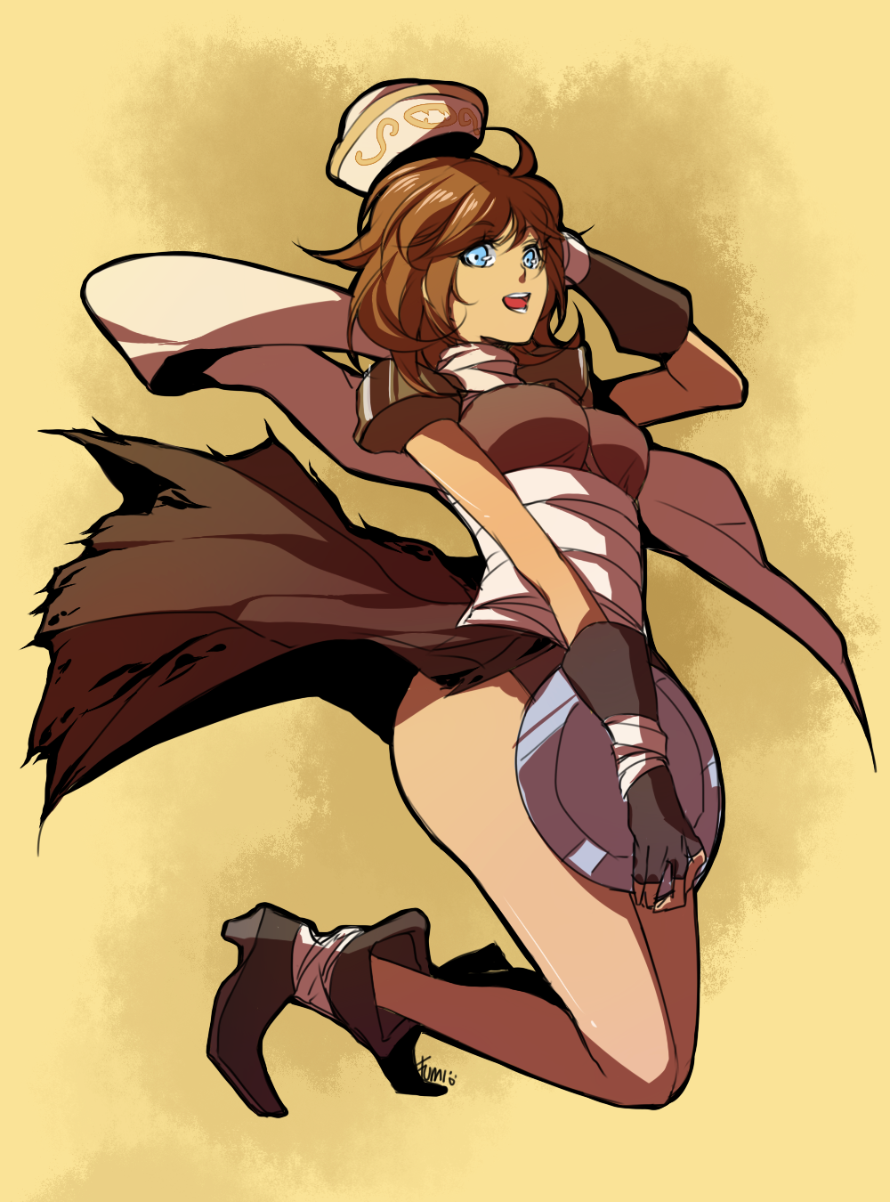 1girl assassin_(ragnarok_online) bandages bandages_over_clothes blue_eyes boots breasts brown_boots brown_cape brown_gloves brown_hair brown_leotard cape fingerless_gloves full_body fumiddition gloves highres holding holding_tray jumping leotard looking_at_viewer medium_breasts medium_hair open_mouth purple_shirt ragnarok_online shirt smile solo torn_cape torn_clothes tray waist_cape yellow_background