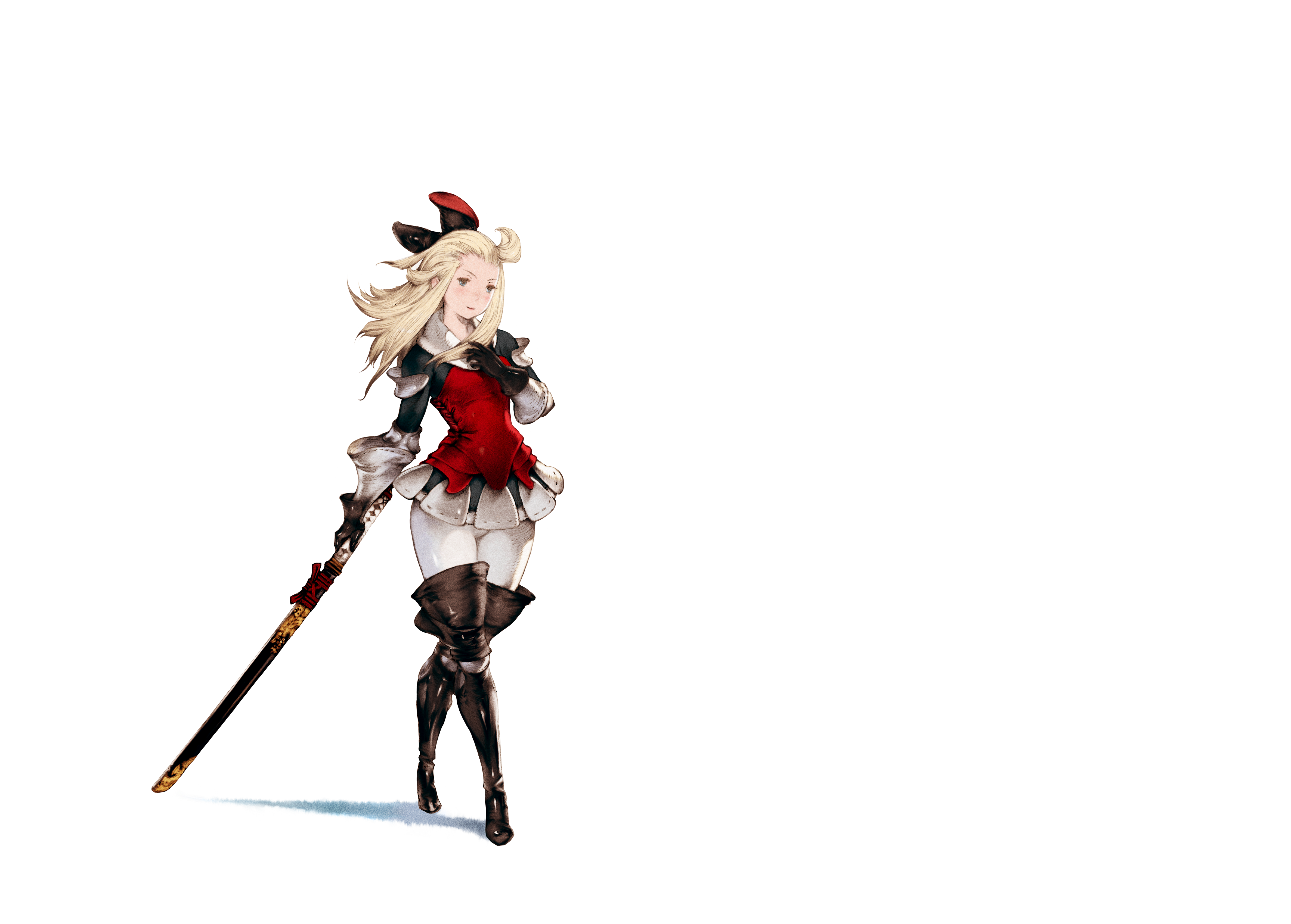 1girl absurdres ahoge armor armored_dress black_boots black_bow black_gloves blonde_hair blue_eyes blush boots bow bravely_default:_flying_fairy bravely_default_(series) closed_mouth crossed_legs dress edea_lee faulds full_body gauntlets gloves hair_bow hand_on_own_chest highres holding holding_sword holding_weapon katana light_smile long_hair official_art pantyhose protected_link psd_available red_dress second-party_source sheath sheathed simple_background solo standing sword thigh_boots transparent_background watson_cross weapon white_pantyhose yoshida_akihiko