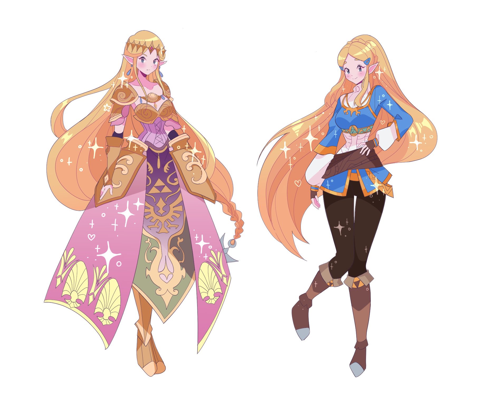 1girl armor blonde_hair blue_eyes boots dress dual_persona gold_trim green_eyes hair_ornament highres hyrule_warriors jewelry long_hair looking_at_viewer meowwniz nintendo open_mouth pointy_ears princess_zelda smile the_legend_of_zelda the_legend_of_zelda:_breath_of_the_wild thighhighs triforce_print very_long_hair