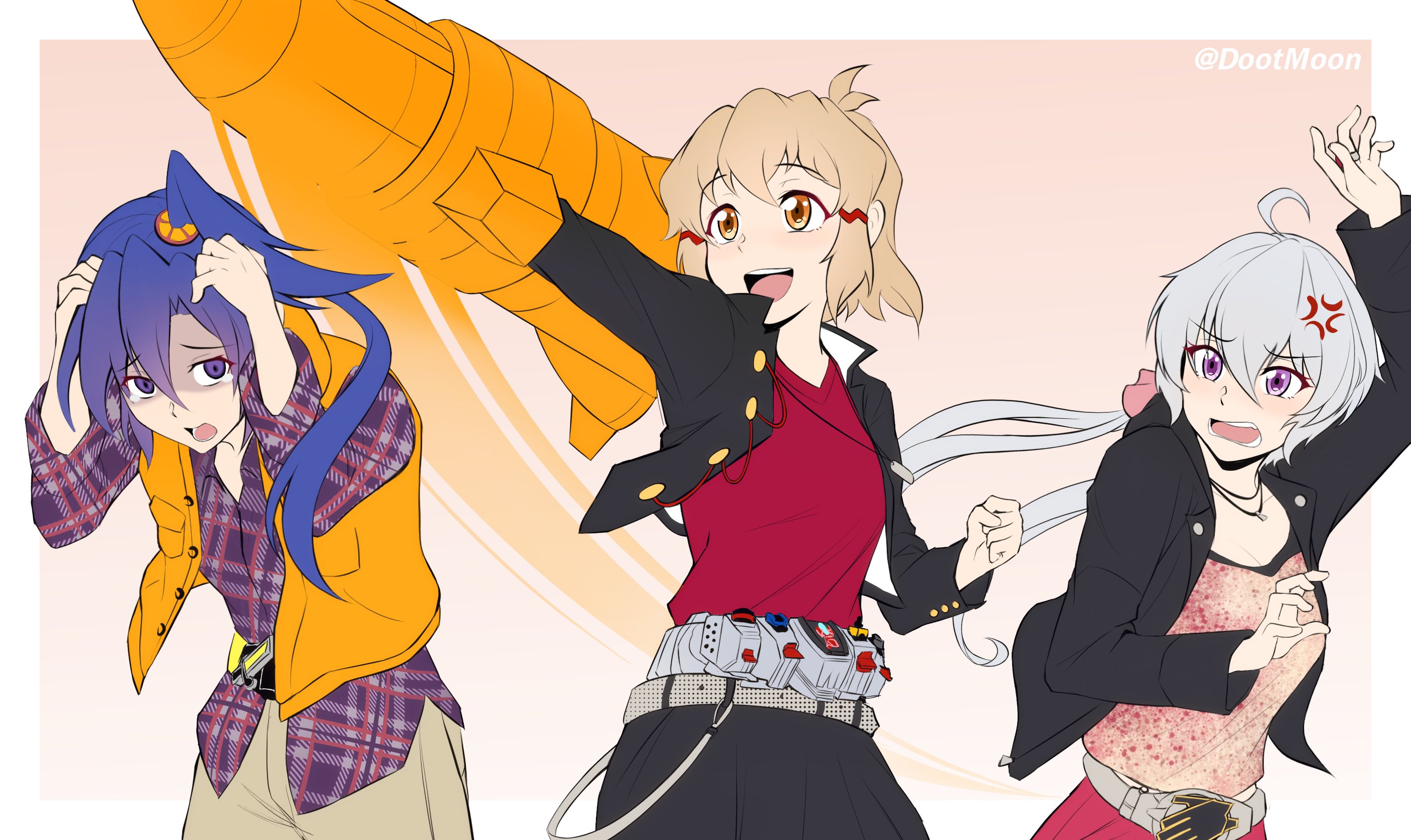 3girls anger_vein artist_name blonde_hair blue_hair commission cosplay dootmoon ducking highres jacket kamen_rider kamen_rider_fourze_(series) kamen_rider_gaim_(series) kamen_rider_wizard_(series) kazanari_tsubasa kazuraba_kouta kazuraba_kouta_(cosplay) kisaragi_gentarou kisaragi_gentarou_(cosplay) multiple_girls plaid_clothes plaid_shirt purple_eyes rider_belt rocket school_uniform senki_zesshou_symphogear shirt souma_haruto souma_haruto_(cosplay) tachibana_hibiki_(symphogear) vest white_hair yellow_eyes yukine_chris