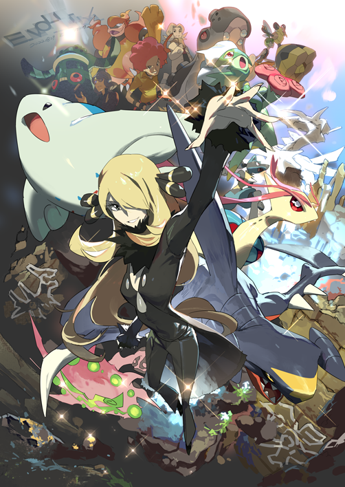 2girls 3boys aaron_(pokemon) arm_up artist_name bertha_(pokemon) black_coat black_footwear black_pants blonde_hair breasts bronzong coat cynthia_(pokemon) e_volution flint_(pokemon) fur-trimmed_coat fur_collar fur_trim garchomp gen_3_pokemon gen_4_pokemon grey_eyes hair_ornament hair_over_one_eye hippowdon long_hair long_sleeves looking_at_viewer lucario lucian_(pokemon) magmortar milotic multiple_boys multiple_girls nintendo pants pokemon pokemon_dppt roserade smile sparkle spiritomb v-neck very_long_hair vespiquen wavy_hair