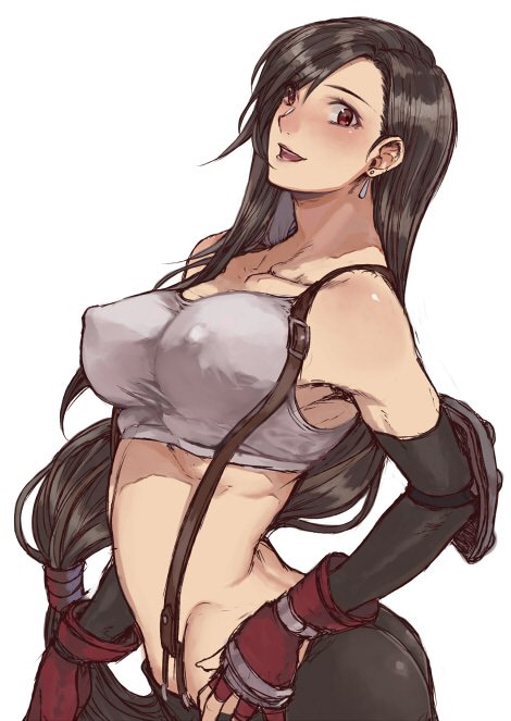 1girl black_hair blush breasts brown_eyes crop_top detached_sleeves elbow_pads final_fantasy final_fantasy_vii fingerless_gloves gloves large_breasts long_hair nipples_visible_through_shirt skirt square_enix suspender_skirt suspenders tifa_lockhart yasunososaku