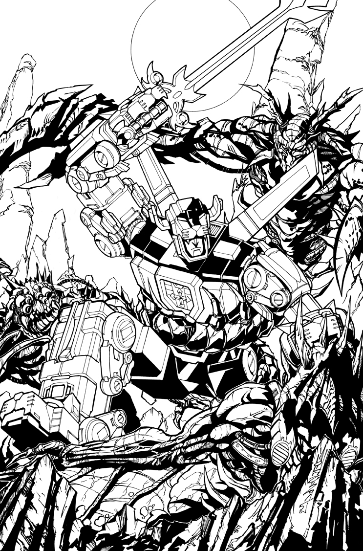 alex_milne bad_id bad_twitter_id comic_cover fighting golion_(mecha) greyscale holding holding_sword holding_weapon hyakujuu-ou_golion kaiju lineart looking_down mecha monochrome no_humans official_art robot science_fiction super_robot sword lion_voltron voltron_(series) weapon