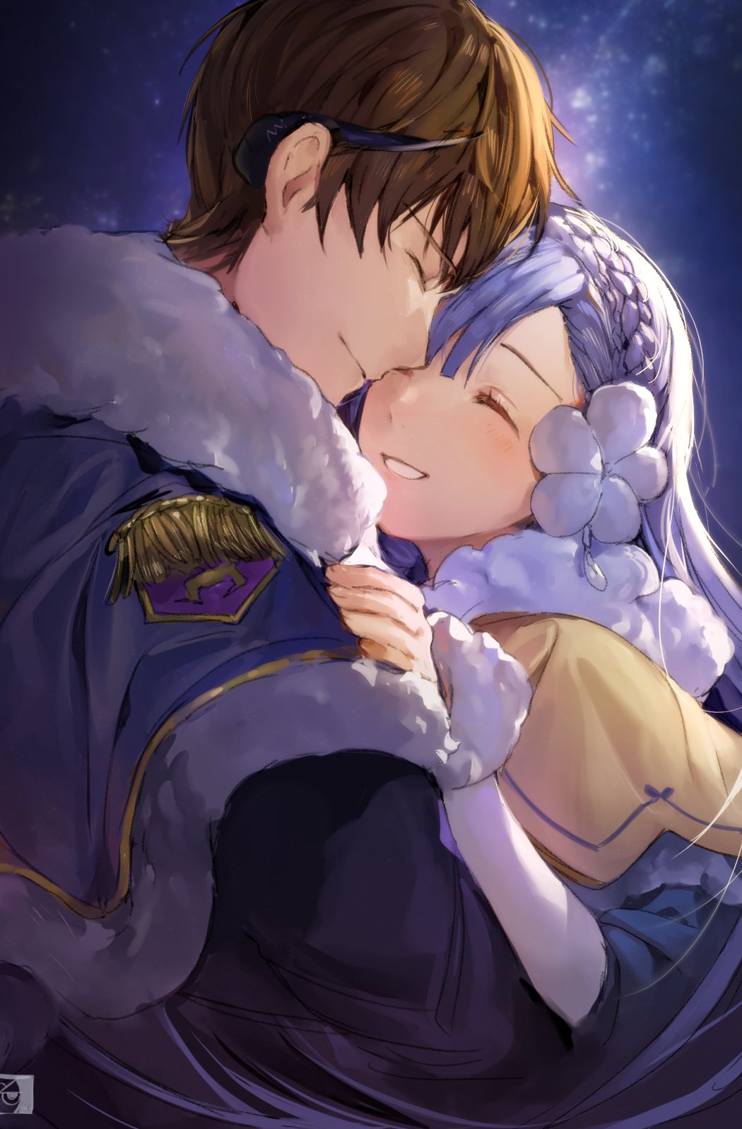 1boy 1girl berkut_(fire_emblem) berkut_(soiree)_(fire_emblem) blue_hair braid brown_hair closed_eyes closed_mouth crown_braid fire_emblem fire_emblem_echoes:_shadows_of_valentia from_side fur_trim hair_ornament highres long_hair nintendo rinea_(fire_emblem) rinea_(soiree)_(fire_emblem) short_hair upper_body velahka