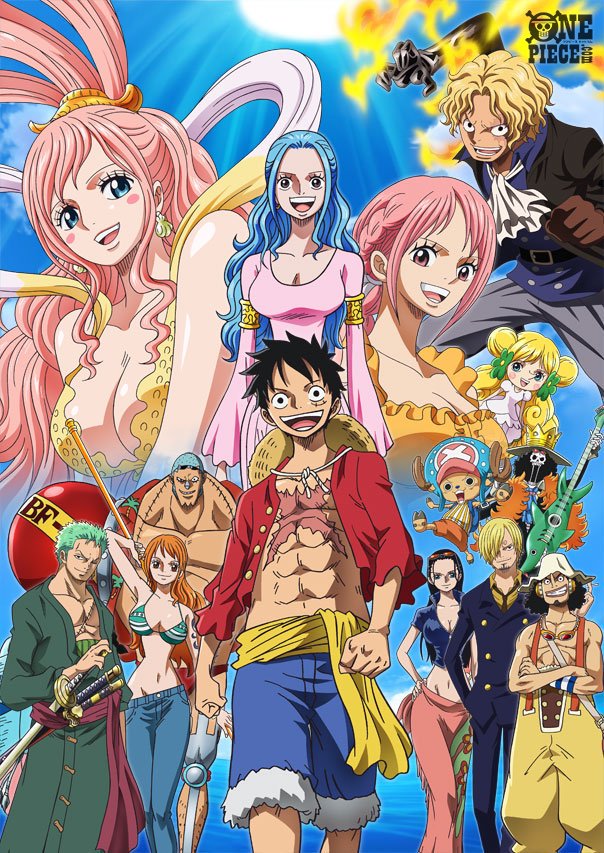 6+boys 6+girls afro antlers bikini bikini_top_only black_hair blonde_hair blue_eyes blue_hair blue_sky breasts brook_(one_piece) brown_eyes cleavage copyright_name cropped_jacket denim facial_scar franky_(one_piece) green_hair guitar horns instrument jacket jeans katana large_breasts mansherry_(one_piece) midriff monkey_d._luffy multiple_boys multiple_girls nami_(one_piece) navel nefertari_vivi nico_robin nico_robin_(return_to_sabaody) ocean one_piece orange_hair pants pink_eyes pink_hair rebecca_(one_piece) roronoa_zoro sabo_(one_piece) sanji_(one_piece) sarong scabbard scar scar_across_eye scar_on_cheek scar_on_chest scar_on_face sheath shirahoshi short-sleeved_jacket short_sleeves skeleton sky smile sword tony_tony_chopper usopp water weapon
