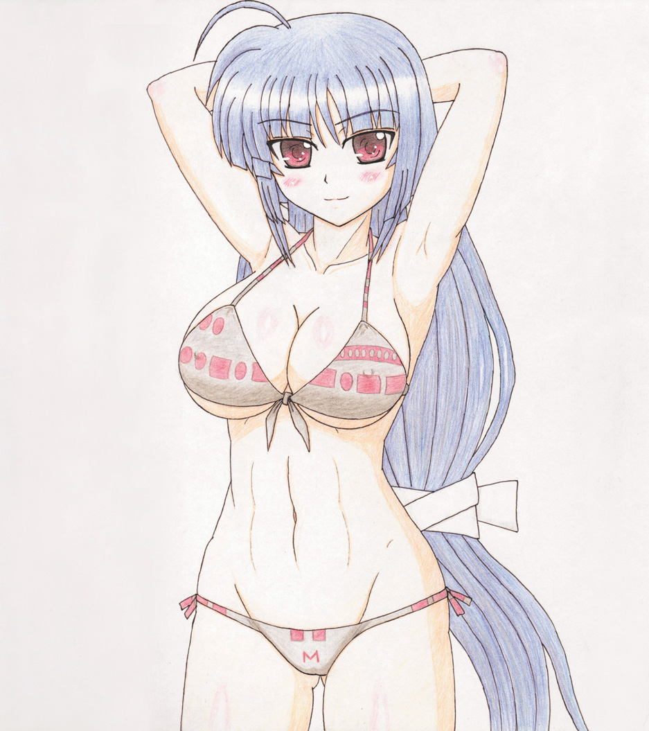 10s 1girl abs ahoge armpits bikini blue_hair blush breasts cleavage female_focus front-tie_top hair_ribbon jabujabu large_breasts light_smile long_hair lowleg lowleg_bikini lyrical_nanoha mahou_shoujo_lyrical_nanoha_vivid mikaya_chevelle navel purple_hair red_eyes ribbon smile solo swimsuit traditional_media underboob very_long_hair