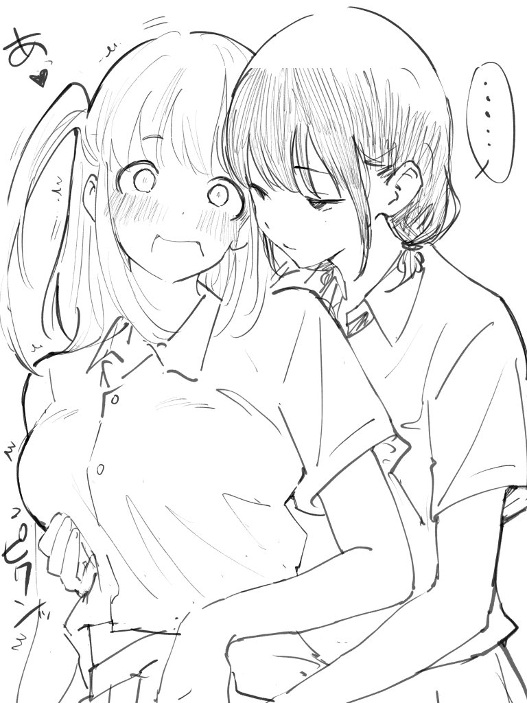 ... 2girls ^^^ blush clothes_lift collared_shirt dress_shirt grabbing_another&#039;s_breast grabbing_from_behind groping half-closed_eyes kajino_(aosansai) lineart low_twintails monochrome multiple_girls nemoto_hina open_mouth school_uniform shirt shirt_lift short_sleeves skirt spoken_ellipsis tamura_yuri twintails two_side_up watashi_ga_motenai_no_wa_dou_kangaetemo_omaera_ga_warui! yuri