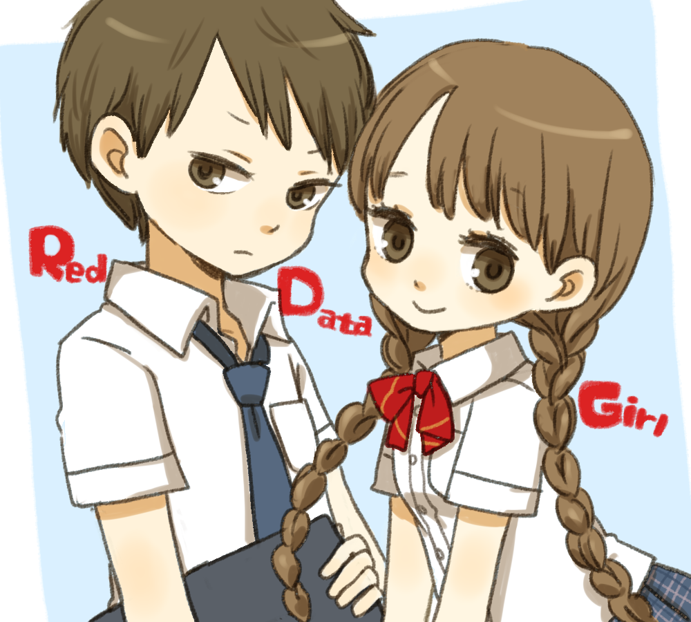 1boy 1girl bag braid brown_eyes brown_hair copyright_name frown long_hair necktie plaid_clothes plaid_skirt rdg_red_data_girl sagara_miyuki school_bag school_uniform short_hair skirt smile suzuhara_izumiko twin_braids very_long_hair yukke