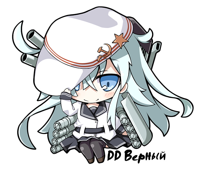 10s 1girl black_thighhighs blue_eyes blush character_name chibi female_focus hammer_and_sickle hand_on_headwear hat hibiki_(kancolle) kantai_collection long_hair looking_at_viewer personification pleated_skirt school_uniform serafuku silver_hair sitting skirt smile solo star_(symbol) take_tonbo thighhighs verniy_(kancolle) zettai_ryouiki
