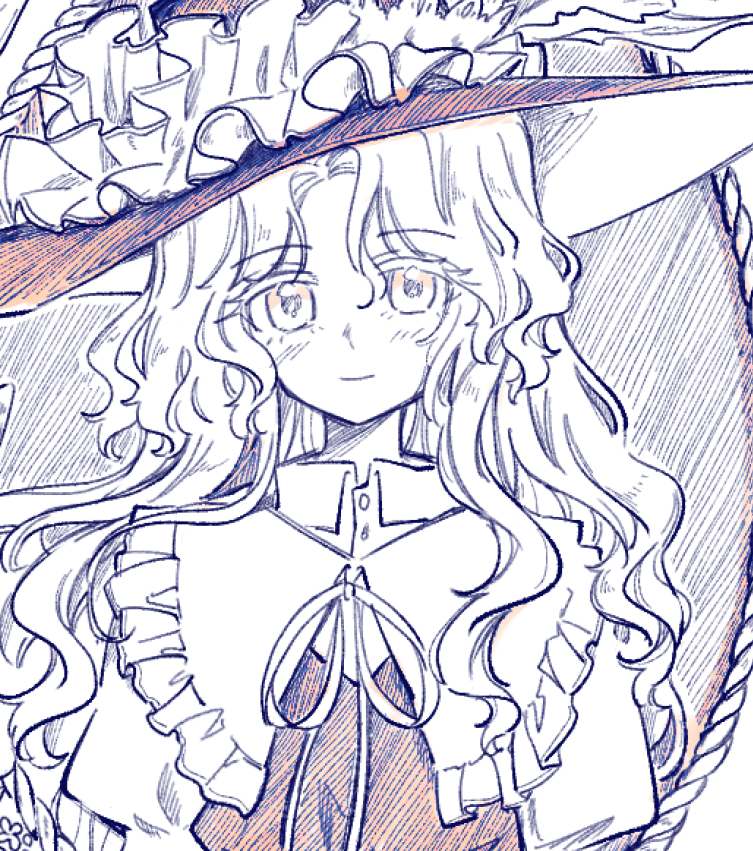1girl closed_mouth commentary_request dolls_in_pseudo_paradise frilled_shirt_collar frills happy head_tilt jacket_girl_(dipp) juliet_sleeves long_hair long_sleeves looking_at_viewer monochrome neck_ribbon noose puffy_sleeves ribbon rope sketch smile solo touhou uzumibi very_long_hair wavy_hair