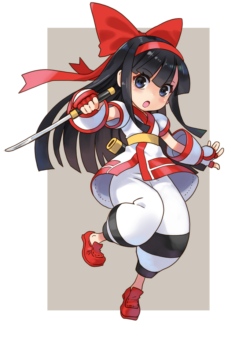 1girl :o belt black_hair blue_eyes border bow fingerless_gloves full_body gloves grey_background hair_bow hairband hime_cut holding holding_sword holding_weapon katahira_masashi kodachi loafers long_hair looking_at_viewer nakoruru open_mouth pants puffy_pants red_bow red_hairband red_shoes samurai_spirits shirt shoes short_sleeves short_sword snk standing standing_on_one_leg sword the_king_of_fighters weapon white_border white_pants yellow_belt