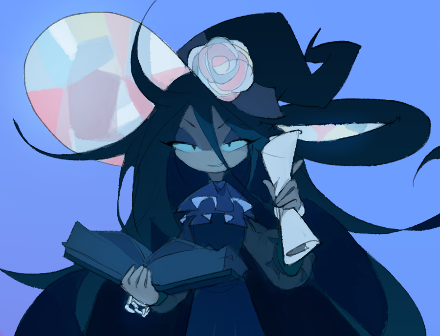1girl ascot black_hair blackmagik_blazing blue_background book camellia_(musician) chain commentary english_commentary flower half-closed_eyes hat holding holding_book long_hair looking_at_viewer sketch solo temmie_chang very_long_hair witch witch_hat