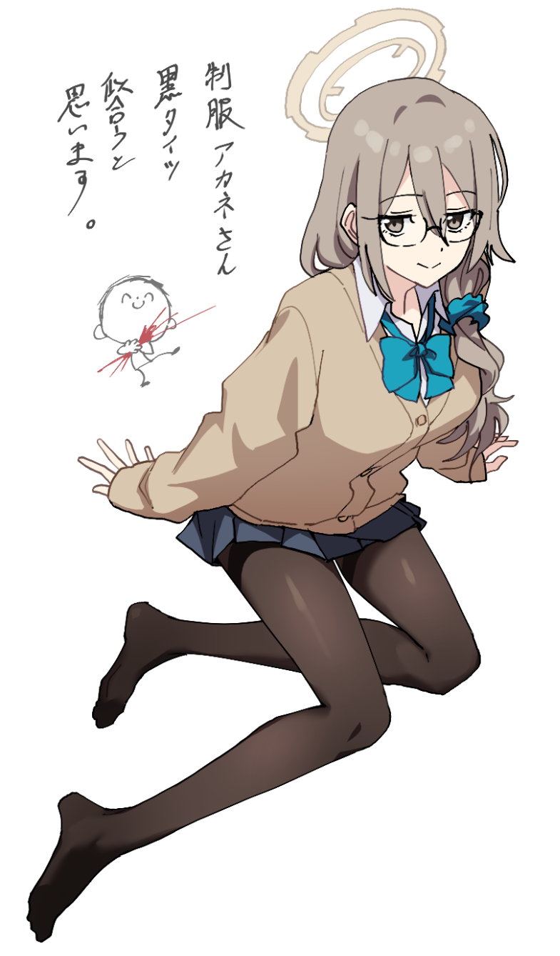 1girl akane_(blue_archive) akane_(school_uniform)_(blue_archive) alternate_legwear black_pantyhose blue_archive blue_bow blue_bowtie bow bowtie brown_hair closed_mouth doodle_sensei_(blue_archive) full_body glasses highres long_hair long_sleeves looking_at_viewer momomatang no_shoes official_alternate_costume pantyhose school_uniform sensei_(blue_archive) simple_background sitting skirt smile white_background